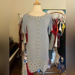 Denim Dress with Pearl/Rhinestone Embellishments, Size Small